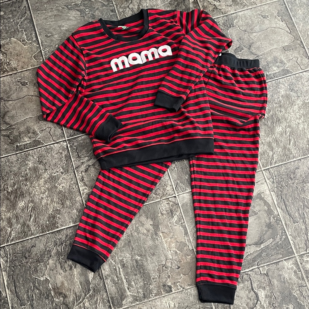 KAPITAL K ‘Mama’ Women’s Striped Red & Black Pajama Set Bedtime Cozy Whimsical